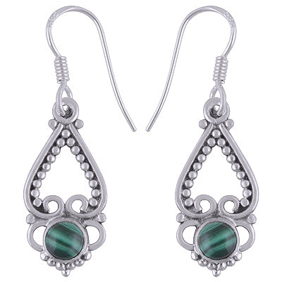 Classic Hand Rawa Work Malachite Round Shape 925 Sterling Solid Silver Dangle Earrings - R1501505-37