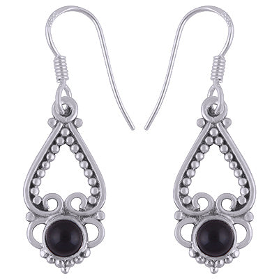 Classic Hand Rawa Work Black Onyx Round Shape 925 Sterling Solid Silver Dangle Earrings - R1501505-42