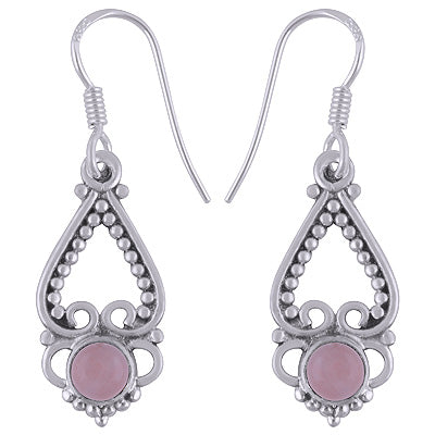 Classic Hand Rawa Work Rose Quartz Round Shape 925 Sterling Solid Silver Dangle Earrings - R1501505-45