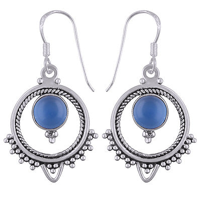 Gorgeous Rawa And Twisted Wire Work Around Blue Chalcedony Round Shape 925 Sterling Solid Silver Dangle Earrings - R1501577-107