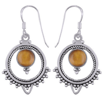 Gorgeous Rawa And Twisted Wire Work Around Tiger's Eye Round Shape 925 Sterling Solid Silver Dangle Earrings - R1501577-110