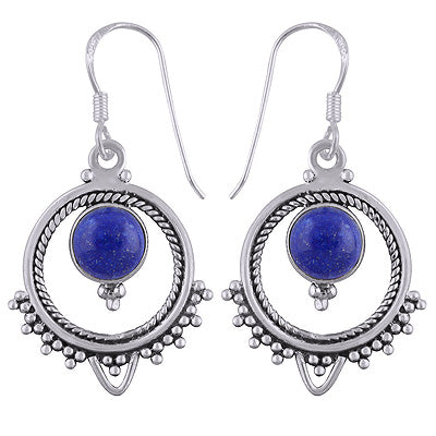 Gorgeous Rawa And Twisted Wire Work Around Lapis Round Shape 925 Sterling Solid Silver Dangle Earrings - R1501577-113