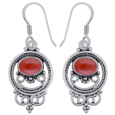 Gorgeous Twisted Wire And Rawa Work Around Carnelian Oval Shape 925 Sterling Solid Silver Dangle Earrings - R1501578-77