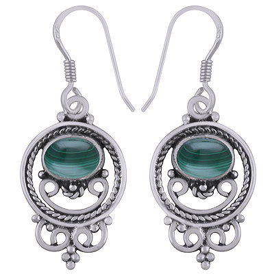 Gorgeous Twisted Wire And Rawa Work Around Malachite Oval Shape 925 Sterling Solid Silver Dangle Earrings - R1501578-80