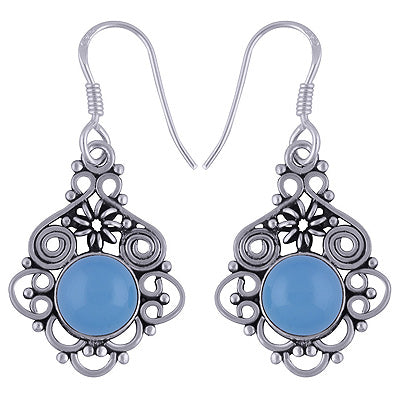 Authentic Handwork Around Blue Chalcedony Round Shape 925 Sterling Solid Silver Earrings - R1501598-28