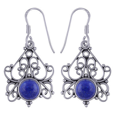 Authentic Handwork Around Lapis Round Shape 925 Sterling Solid Silver Dangle Earrings - R1501599-16