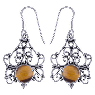 Authentic Handwork Around Tiger's Eye Round Shape 925 Sterling Solid Silver Dangle Earrings - R1501599-19