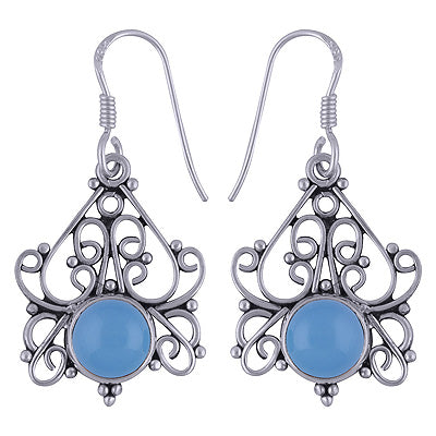 Authentic Handwork Around Blue Chalcedony Round Shape 925 Sterling Solid Silver Dangle Earrings - R1501599-26