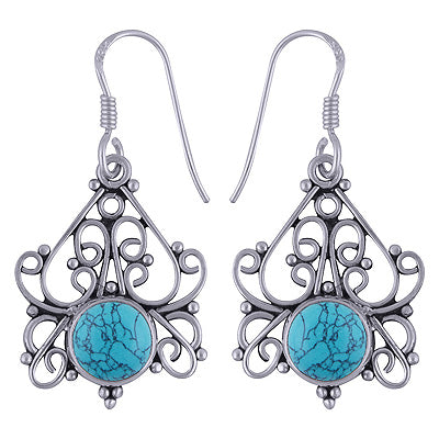 Authentic Handwork Around Turquoise Round Shape 925 Sterling Solid Silver Dangle Earrings - R1501599-4