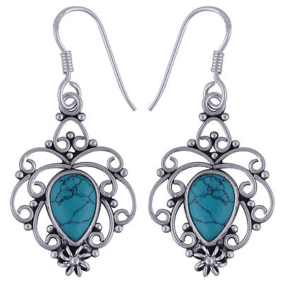 Magnificent Wire Work Around Turquoise Pear Shape 925 Sterling Solid Silver Dangle Earrings - R1501601-7