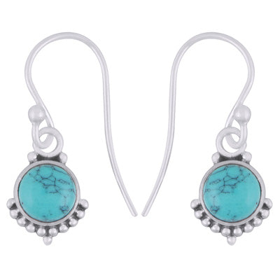 Gorgeous Rawa Work at Bottom Turquoise Round Shape 925 Sterling Solid Silver Dangle Earrings - R1501618-12
