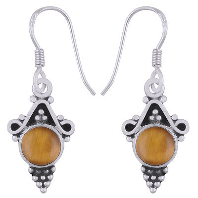 Stunning Rawa And Wire Work Around Tiger's Eye Round Shape 925 Sterling Solid Silver Dangle Earrings - R1501643-80