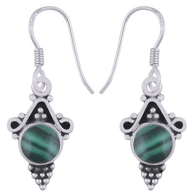 Stunning Rawa And Wire Work Around Malachite Round Shape 925 Sterling Solid Silver Dangle Earrings - R1501643-84