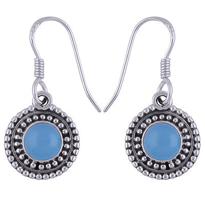 Alluring Rawa Work Around Blue Chalcedony Round Shape 925 Sterling Solid Silver Dangle Earrings - R1501695-30