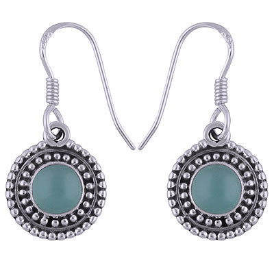Alluring Rawa Work Around Aqua Chalcedony Round Shape 925 Sterling Solid Silver Dangle Earrings - R1501695-31