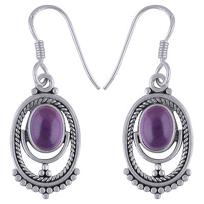 Gorgeous Rawa Pattern & Twisted Wire Around Amethyst Oval Shape 925 Sterling Solid Silver Dangle Earrings - R1501714-1