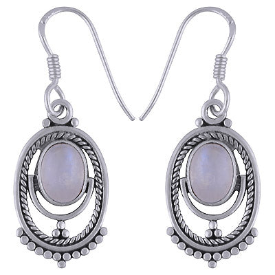 Gorgeous Rawa Pattern & Twisted Wire Around Rainbow Moonstone Oval Shape 925 Sterling Solid Silver Dangle Earrings - R1501714-16