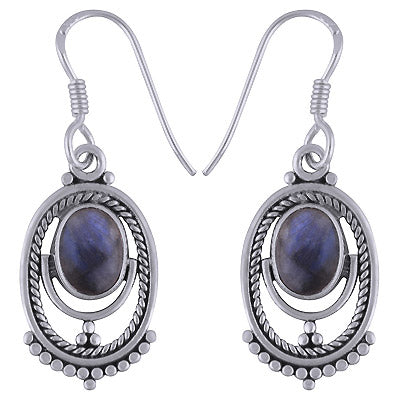 Gorgeous Rawa Pattern & Twisted Wire Around Labradorite Oval Shape 925 Sterling Solid Silver Dangle Earrings - R1501714-25