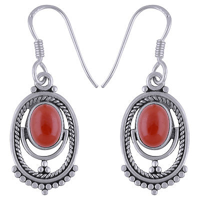 Gorgeous Rawa Pattern & Twisted Wire Around Carnelian Oval Shape 925 Sterling Solid Silver Dangle Earrings - R1501714-35