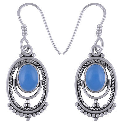 Gorgeous Rawa Pattern & Twisted Wire Around Blue Chalcedony Oval Shape 925 Sterling Solid Silver Dangle Earrings - R1501714-42