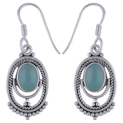 Gorgeous Rawa Pattern & Twisted Wire Around Aqua Chalcedony Oval Shape 925 Sterling Solid Silver Dangle Earrings - R1501714-43