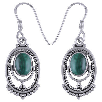 Gorgeous Rawa Pattern & Twisted Wire Around Malachite Oval Shape 925 Sterling Solid Silver Dangle Earrings - R1501714-44