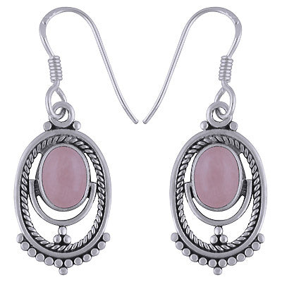 Gorgeous Rawa Pattern & Twisted Wire Around Rose Quartz Oval Shape 925 Sterling Solid Silver Dangle Earrings - R1501714-45