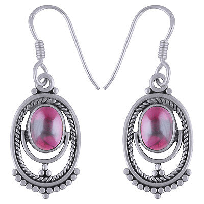 Gorgeous Rawa Pattern & Twisted Wire Around Garnet Oval Shape 925 Sterling Solid Silver Dangle Earrings - R1501714-5