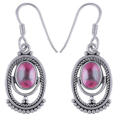 Gorgeous Rawa Pattern & Twisted Wire Around Garnet Oval Shape 925 Sterling Solid Silver Dangle Earrings - R1501714-52