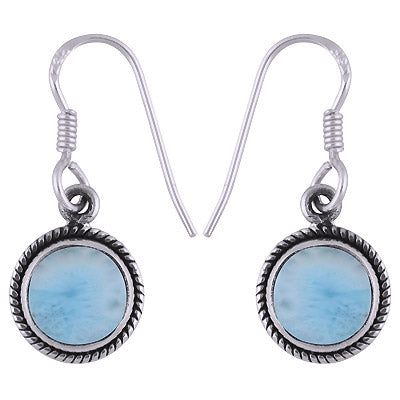 Gorgeous Textured Wire Around Larimar Round Shape 925 Sterling Solid Silver Dangle Earrings - R1501749-3
