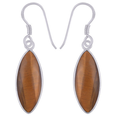 Stunning Elongated Bezel Gemstone Tiger's Eye Marquise Shape 925 Sterling Solid Silver Dangle Earrings - R1501760-31