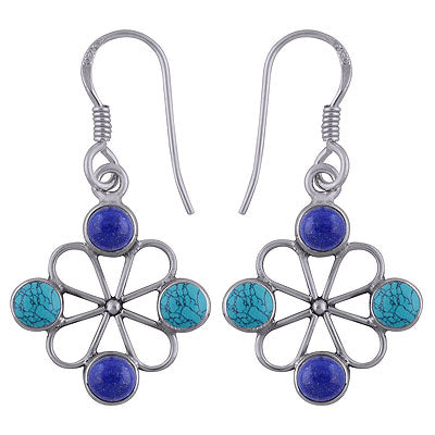 Alluring Flower Work Around Turquoise,Lapis Round Shape 925 Sterling Solid Silver Dangle Earrings - R1501783-13