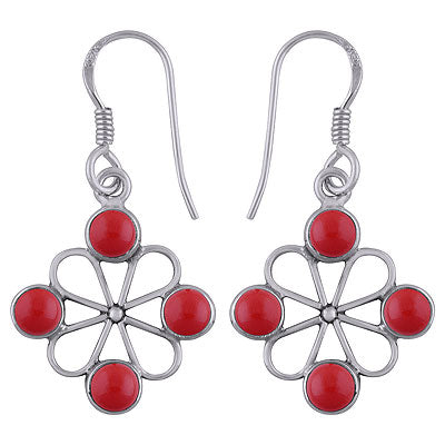 Alluring Flower Work Around Coral Round Shape 925 Sterling Solid Silver Dangle Earrings - R1501783-19