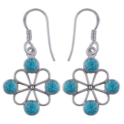 Alluring Flower Work Around Turquoise Round Shape 925 Sterling Solid Silver Dangle Earrings - R1501783-3