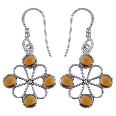 Alluring Flower Work Around Tiger's Eye Round Shape 925 Sterling Solid Silver Dangle Earrings - R1501783-7