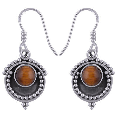 Stunning Rawa Work Around Tiger's Eye Round Shape 925 Sterling Solid Silver Dangle Earrings - R1501788-8