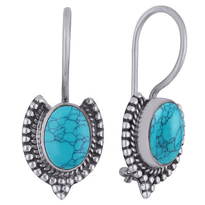 Alluring Rawa Work Around Turquoise Oval Shape 925 Sterling Solid Silver Dangle Earrings - R1501810-3