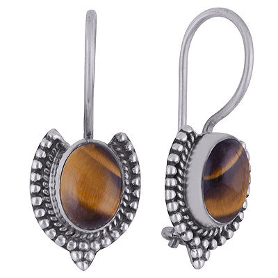 Alluring Rawa Work Around Tiger's Eye Oval Shape 925 Sterling Solid Silver Dangle Earrings - R1501810-8