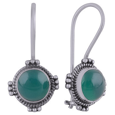 Alluring Rawa Work Pattern Around Green Onyx Round Shape 925 Sterling Solid Silver Dangle Earrings - R1501817-12