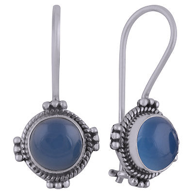 Alluring Rawa Work Pattern Around Blue Chalcedony Round Shape 925 Sterling Solid Silver Dangle Earrings - R1501817-13