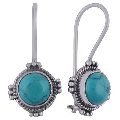 Alluring Rawa Work Pattern Around Turquoise Round Shape 925 Sterling Solid Silver Dangle Earrings - R1501817-3