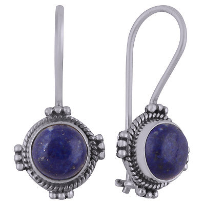 Alluring Rawa Work Pattern Around Lapis Round Shape 925 Sterling Solid Silver Dangle Earrings - R1501817-6