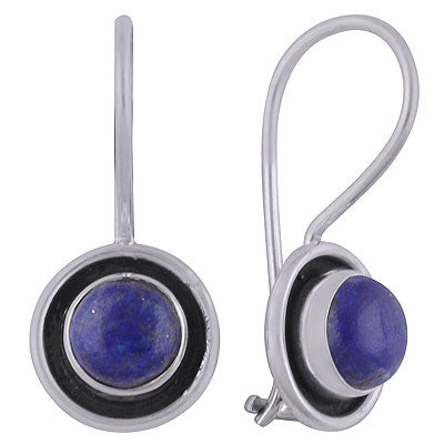 Beautiful Oxidised Work Around Lapis Round Shape 925 Sterling Solid Silver Dangle Earrings - R1501822-46