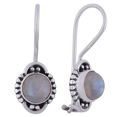 Alluring Oxidised Rawa Work Around Rainbow Moonstone Round Shape 925 Sterling Solid Silver Dangle Earrings - R1501823-4