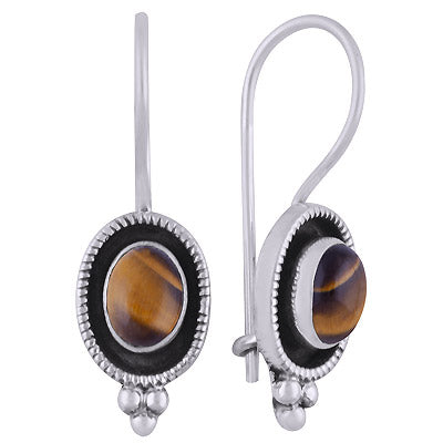 Alluring Handcrafted Work Around Tiger's Eye Oval Shape 925 Sterling Solid Silver Dangle Earrings - R1501826-11