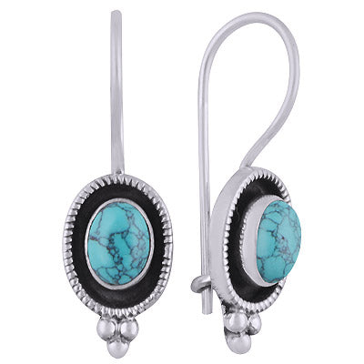 Alluring Handcrafted Work Around Turquoise Oval Shape 925 Sterling Solid Silver Dangle Earrings - R1501826-3