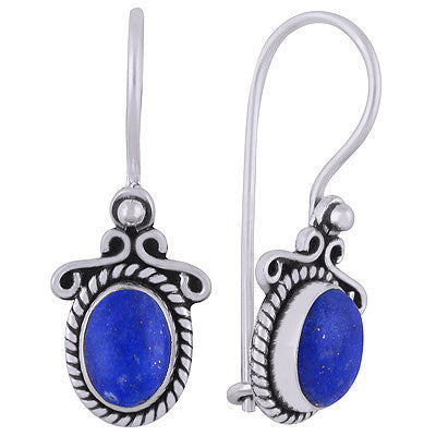 Beautiful Handcrafted Work Around Lapis Oval Shape 925 Sterling Solid Silver Dangle Earrings - R1501828-6