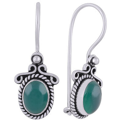 Beautiful Handcrafted Work Around Green Onyx Oval Shape 925 Sterling Solid Silver Dangle Earrings - R1501828-9