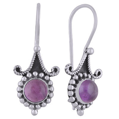 Alluring Rawa Work Pattern Around Amethyst Round Shape 925 Sterling Solid Silver Dangle Earrings - R1501832-1
