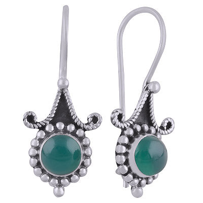 Alluring Rawa Work Pattern Around Green Onyx Round Shape 925 Sterling Solid Silver Dangle Earrings - R1501832-10
